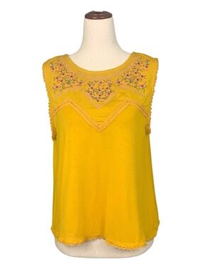 Always Indigo Floral Embroidered Mustard Yellow Sleeveless Boho Top Medium